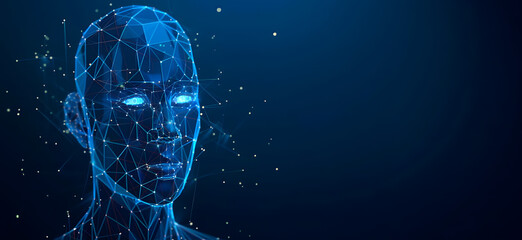 A captivating digital illustration of a human head created with a low poly wireframe design. The head is composed of interconnected blue lines and nodes, with glowing neural pathways