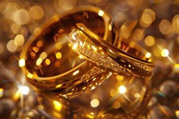 Gold Wedding Rings. Shiny Three-Dimensional Gold Rings for Engagement and Marriage