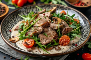 Veal and porcini salad. Warm salat with mushrooms in cream sauce, roasted meat beef fillet, cherry