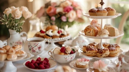 Elegant high tea setup with pastries, scones, and tea