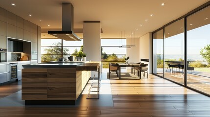 A modern kitchen with an open floor plan, high-end appliances, a breakfast bar, and floor-to-ceiling windows.