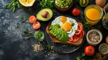 Gourmet breakfast spread with avocado toast, poached eggs, and fresh juice, stylish and modern presentation