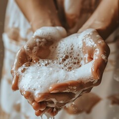 Fototapeta premium Washing Hands with Soap Closeup. Woman Wash her Palms, Soapy Arms, Washing Hands