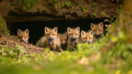 Five Red Fox Kits Emerging from Their Den