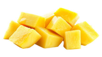 Mango cube slices isolated on a transparent background, perfect for summer fruit displays and healthy snack ideas, highlighting the freshness and sweetness of this tropical delight.