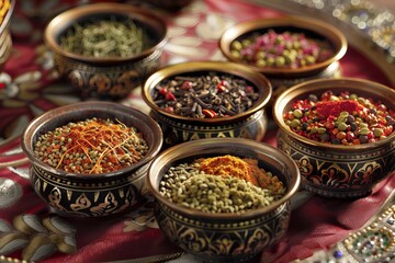Fototapeta premium Assorted spices in ornate bowls on red tablecloth