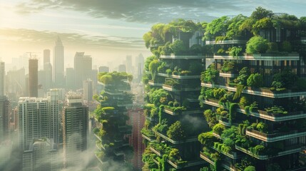 Obraz premium A futuristic cityscape with vertical gardens, rooftop farming and green buildings.
