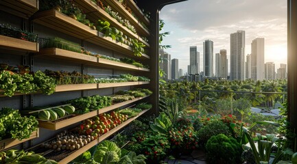 Obraz premium Vertical urban farm growing tomatoes and leafy greens against a modern city skyline, showcasing urban agriculture innovation.