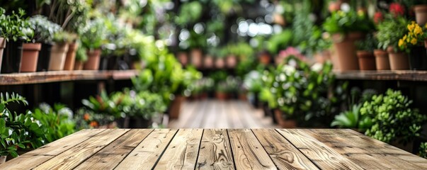 Fototapeta premium empty dark wooden surface on a blurred background of modern plant green house,small organic farm business, banner, copy space, for logo mockup design