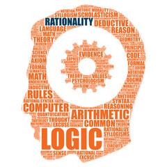 wordcloud made of an human head with a gear inside - raioonality concept