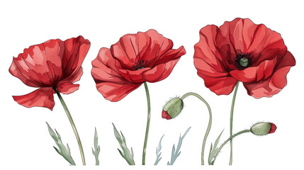 Obraz premium A stunning collection of vibrant poppies on a transparent background showcases the beauty of nature. ideal for floral decorations or artistic designs.