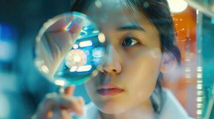 Naklejka premium Particles, magnifying glass or scientist in laboratory for research, medical study or test experiment. Data analysis, investigation or Asian woman with petri dish for future development or results. 
