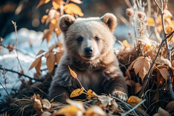 Obraz premium A cute little bear cub sitting among the autumn yellow foliage. Animal hunting. Poaching.
