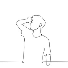 man stands with his fist raised to his forehead - one line art vector. the concept wipe sweat, think hard