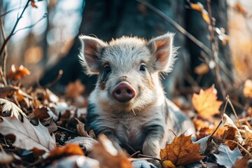 A cute little boar sitting among the autumn yellow foliage. Animal hunting.