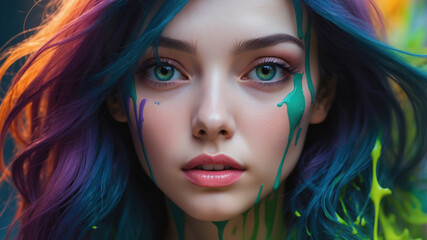 A woman with vibrant blue and purple hair stares into the camera, paint dripping from her face