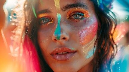 Obraz premium Beautiful young woman at a summer festival, looking at camera, simple, minimalist, and colorful, with rainbow-colored face paint