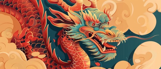 Chinese dragon wallpaper flat design front view traditional theme cartoon drawing Complementary Color Scheme