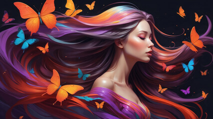 Naklejka premium A woman with vibrant rainbow hair is surrounded by colorful butterflies, creating a whimsical and ethereal atmosphere. She gazes to the side with her eyes closed, seemingly lost in thought
