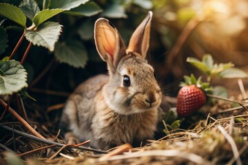 Fototapeta premium A cute gray bunny sitting among the spring foliage and strawberries. Animal hunting. A pest in the garden.