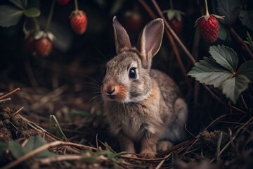 Fototapeta premium A cute gray bunny sitting among the spring foliage and strawberries. Animal hunting. A pest in the garden.