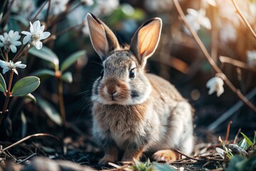 Fototapeta premium A cute gray bunny sitting among the spring foliage. Animal hunting.