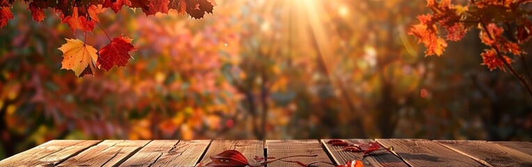 Rustic Autumn Table with Scattered Orange Leaves