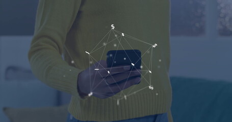 Image of globe with connections over caucasian man using smartphone