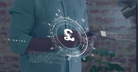 Image of connections and pound currency symbol over caucasian man using smartphone