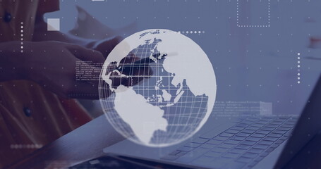 Image of globe with connections over caucasian woman using smartphone