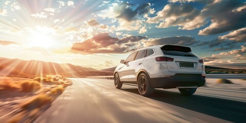 Fototapeta premium Une voiture de couleur blanche roulant à grande vitesse sur une route dans un paysage désertique, coucher de soleil en arrière-plan.