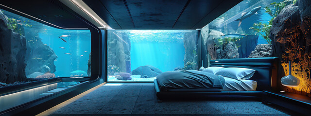 Obraz premium Une chambre à coucher dans une grotte sous-marine, avec de grandes fenêtres donnant sur le fond de l'océan avec des poissons nageant à l'extérieur.