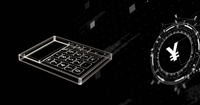 Image of currency yen symbol and calculator on black background