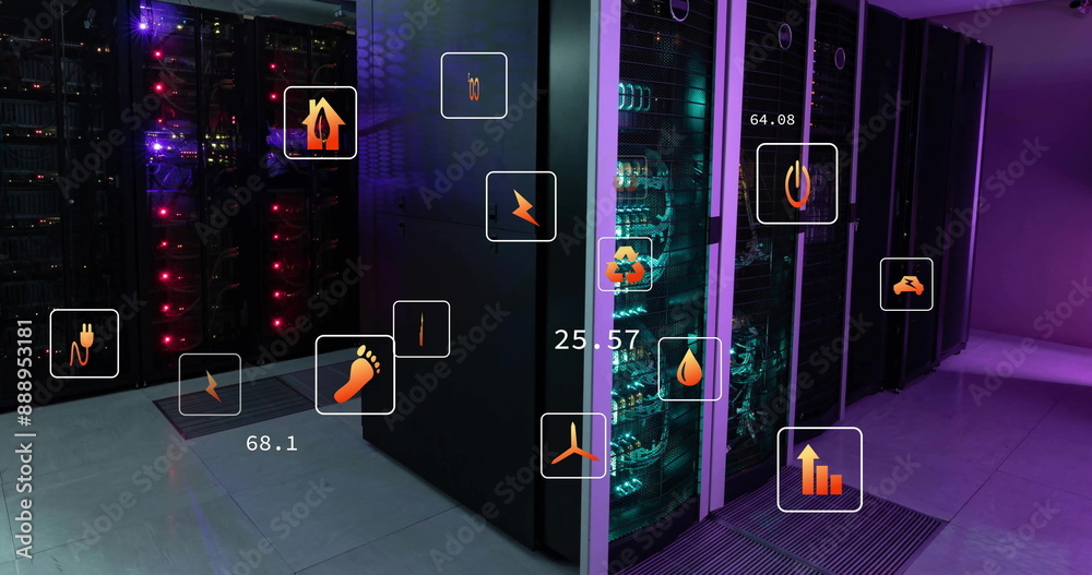 Poster image of eco icons and data processing over computer servers