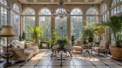 Naklejka premium A sophisticated conservatory with a wrought-iron chandelier, vintage furniture, large windows, and indoor plants.