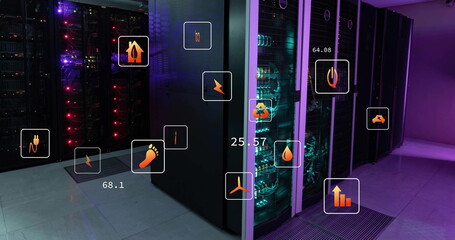 Image of eco icons and data processing over computer servers