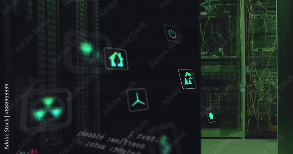 Poster image of eco icons and data processing over computer servers