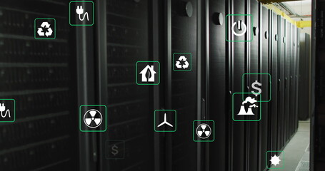 Image of eco icons and data processing over computer servers