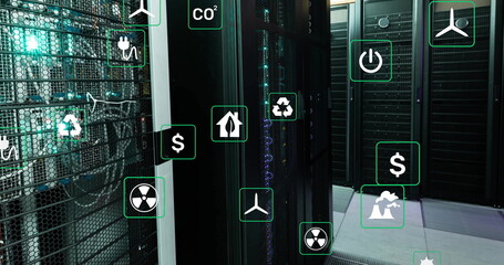 Image of eco icons and data processing over computer servers