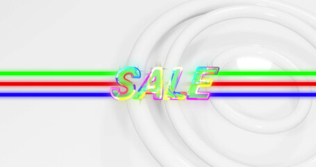 Image of neon sale text over circles on white background
