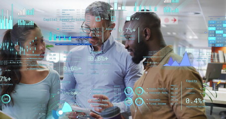 Image of financial data processing over diverse business people in office