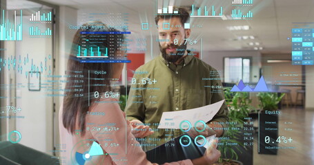 Image of financial data processing over diverse business people in office