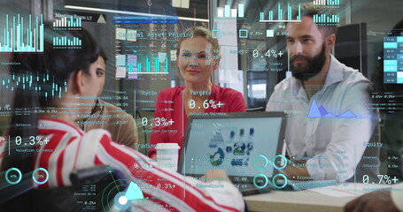 Image of financial data processing over diverse business people in office