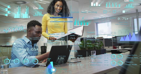 Image of financial data processing over diverse business people in office