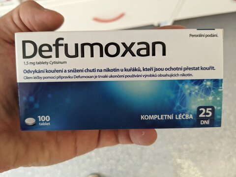 Prague, Czech Republic - July 9 2024: DEFUMOXAN tablets with CYTISINE active substance by AFLOFARM, used for smoking cessation and nicotine addiction treatment.