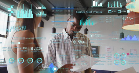 Image of financial data processing over diverse business people in office