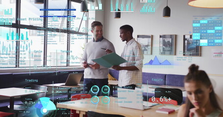 Image of financial data processing over diverse business people in office