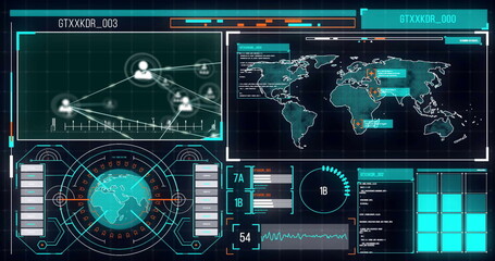 Fototapeta premium Image of network of connections with icons and data processing over screens