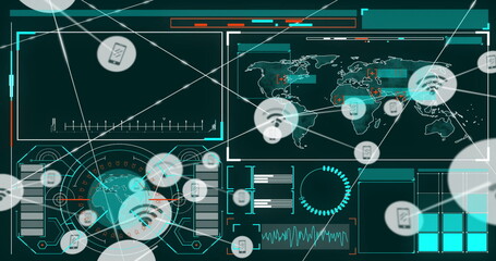 Image of network of connections with icons and data processing over screens