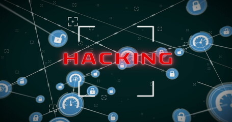 Image of hacking text, network of connections with icons and data processing